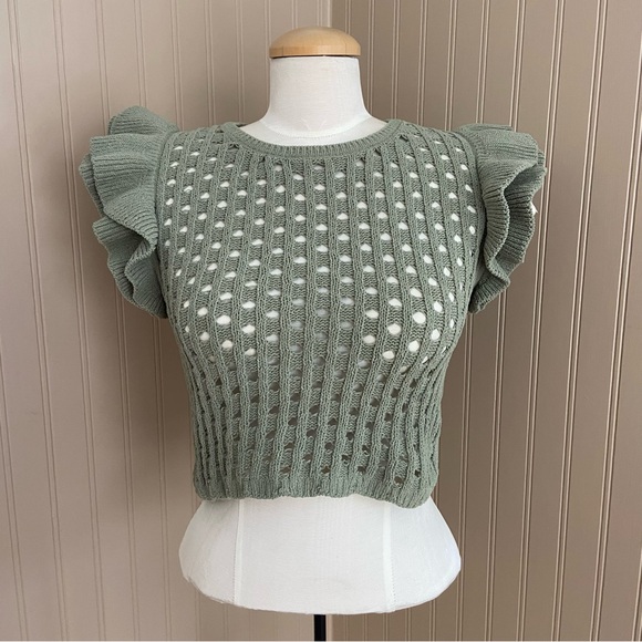 Zara Tops - Zara Green Chenille Knit Ruffle Sleeve Crop Tank Top Women’s Size Medium